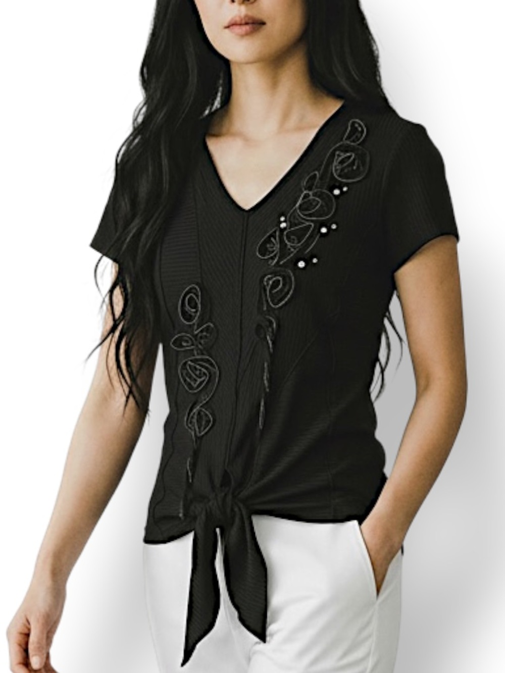 4/$20 Vintage KOOS Lagenlook Art Wear Black Ribbed Cotton Tie Front Top Blouse S